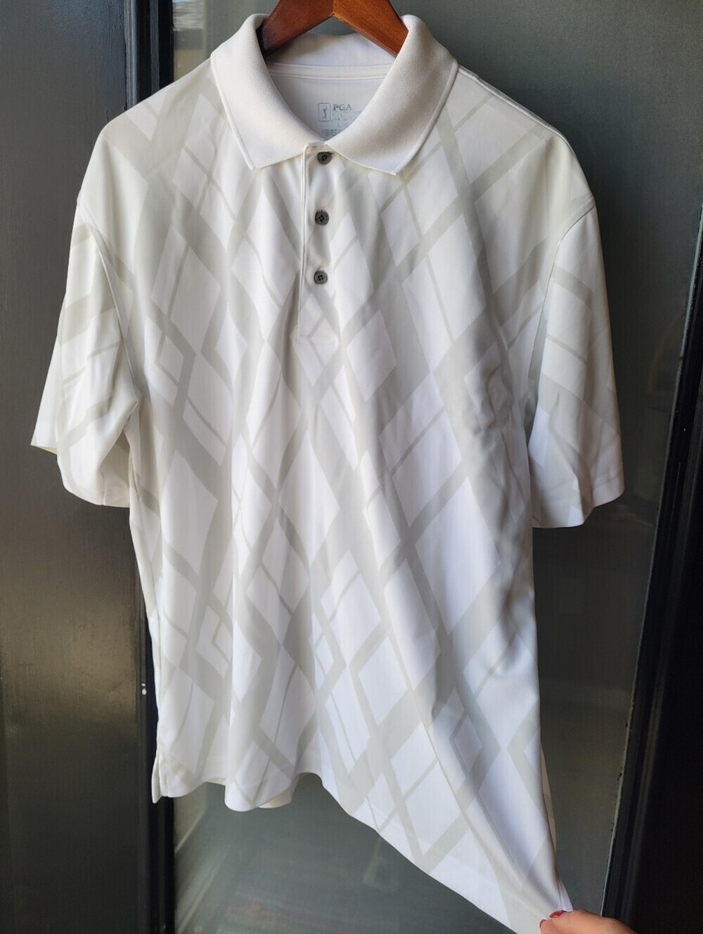 PGA Tour Shirt Men's L/G Golf Diagonal Pattern Short Sleeve Gray White Collard - Picture 3 of 12